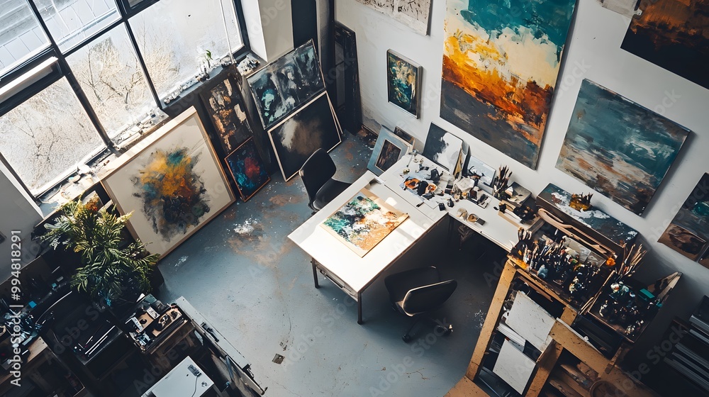 Poster an abstract yet minimal indoor workspace featuring a clean desk and random art pieces scattered thro