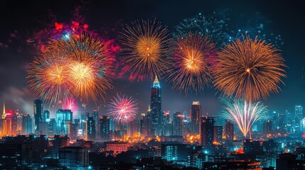 Fireworks exploding over a city skyline at midnight, New Year's Eve, celebratory night sky