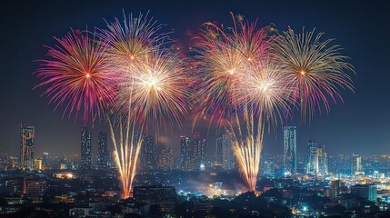 Naklejka premium Fireworks exploding over a city skyline at midnight, New Year's Eve, celebratory night sky