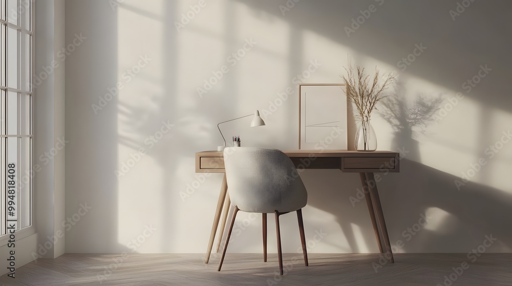 Poster a minimalist workspace indoors with a sleek desk, simple chair, and soft lighting, evoking a calm an