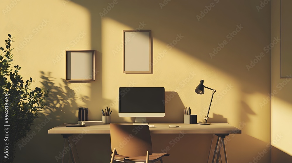 Poster a simple indoor workspace with a plain desk, ergonomic chair, and minimal accessories, creating a ca