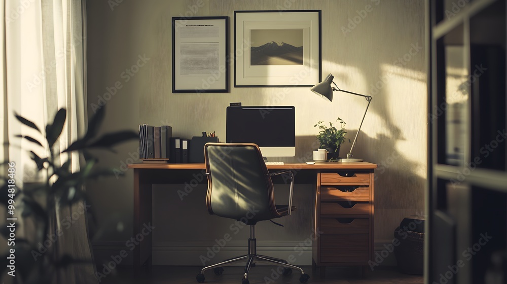 Poster a simple indoor workspace with a plain desk, ergonomic chair, and minimal accessories, creating a ca