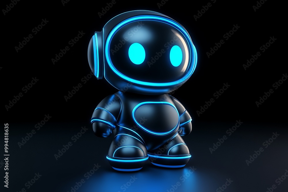 Poster 3d neon blue robot toy character in a futuristic black environment representing advanced robotics te