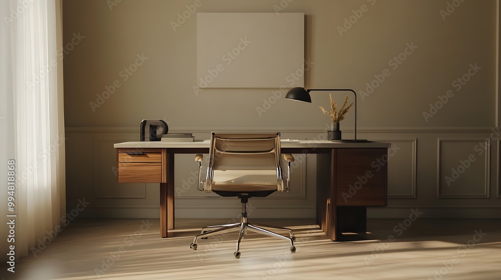Poster a minimalistic desk setup with a sleek chair and lamp, surrounded by soft natural light, in a clean 