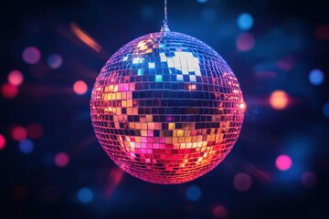 Obraz premium Glittering disco ball reflecting colorful lights in a dark room, New Year's Eve, party atmosphere