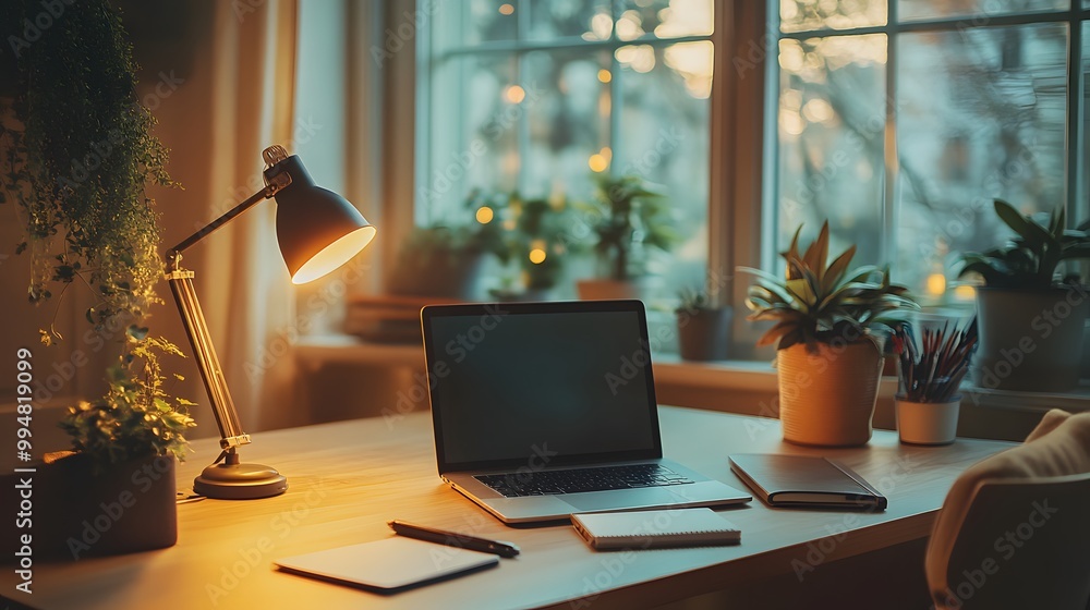 Aufkleber A minimalist desk setup indoors with a laptop, notebook, and one lamp, surrounded by soft natural light, creating a calm work environment, captured in portrait.
