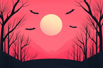 Halloween frame with spooky trees and full moon, flat design illustration