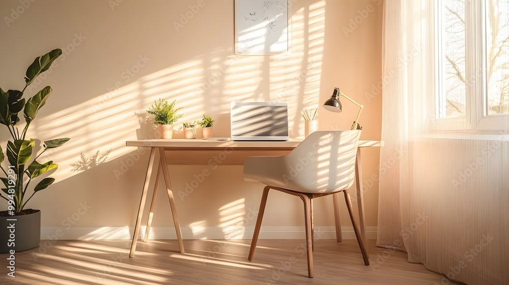 Poster a warm, inviting workspace with a sleek desk, simple decor, and soft lighting, creating a cozy yet m