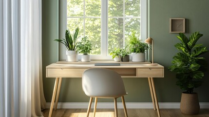 Home office setup with natural lighting, plants on a windowsill, and a minimalist desk, Home Office with Plants, Simple, Bright Workspace