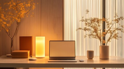A workspace with a sleek desk, warm-toned lighting, and minimalist decor, creating a calm, inviting indoor environment, photographed in portrait composition.