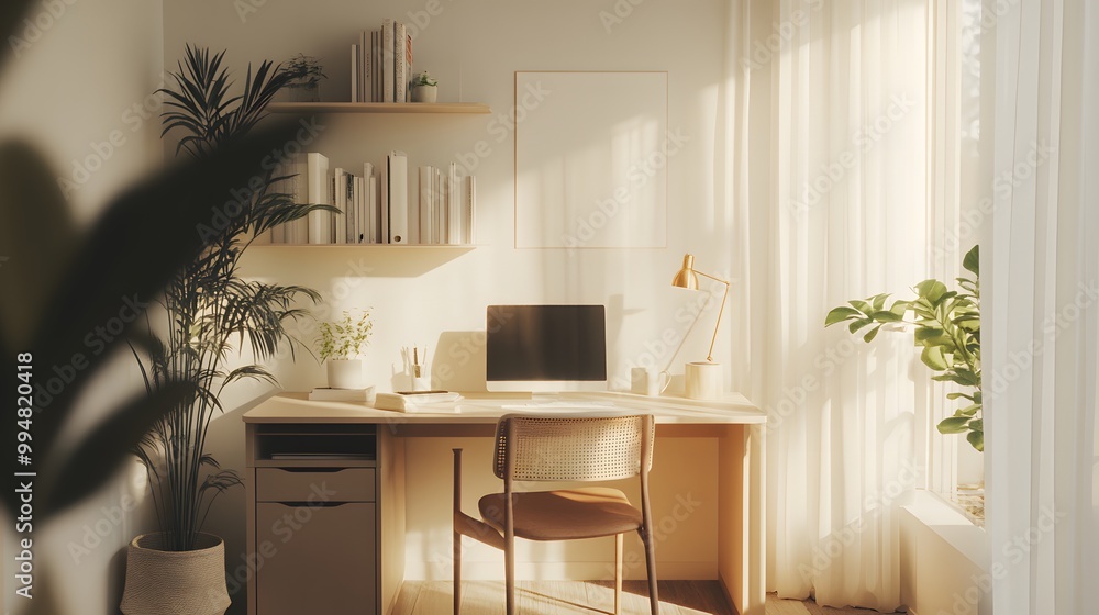 Poster a minimalist indoor workspace with neutral tones, a simple desk setup, and warm lighting, creating a