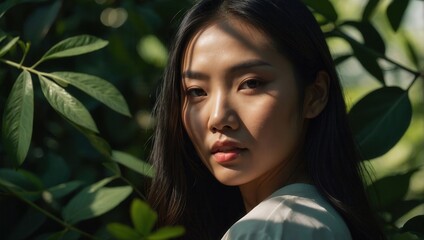 Portrait of woman with long hair and soft smile in a natural, green environment