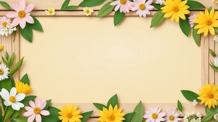 spring themed border frame on rustic pastel yellow wooden background, full image