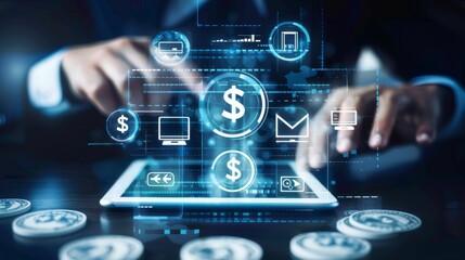 Digital Banking and Financial Technology Concept. A person presents digital banking and financial technology icons, and currency symbols, emphasizing modern online payment systems and e-commerce.