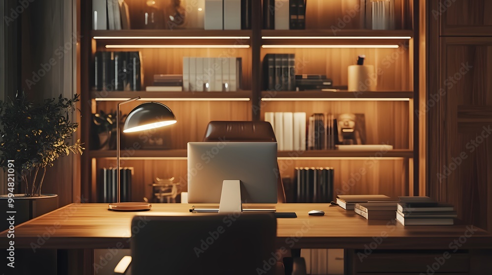 Poster a warm indoor office with minimalist furniture, featuring a clean desk setup and soft lighting, crea