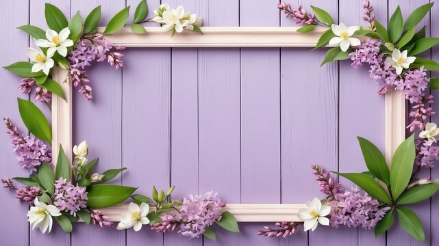 spring themed border frame on rustic pastel purple wooden background, full image