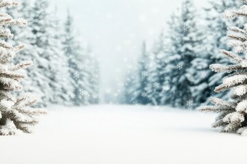 Obraz premium Snowflakes falling gently in a still, silent forest, winter wonderland, peaceful winter scene
