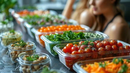 Healthy meal prep containers with chickpeas, chicken, tomatoes, cucumbers and avocados. Healthy lunch in glass containers on beige rustic background. Zero waste concept. Selective focus.