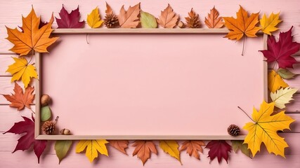 autumn themed border frame on rustic pastel pink wooden background, full image