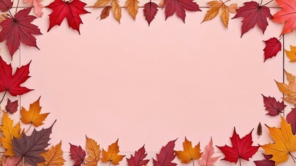 Fototapeta premium autumn themed border frame on rustic pastel pink wooden background, full image