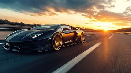 Obraz premium A sports car on wheels speeding down a sunset road