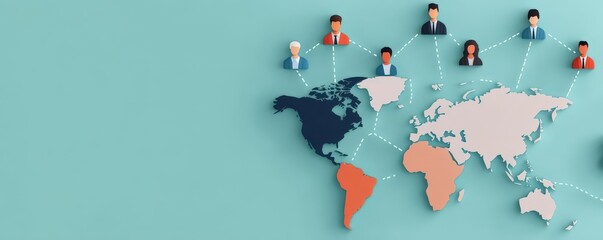 a world map with diverse figures connected by pathways, with emphasis on global collaboration, Global Business Team, Dynamic, Global Cooperation