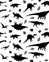 Vector seamless pattern of hand drawn flat dinosaur silhouette isolated on white background
