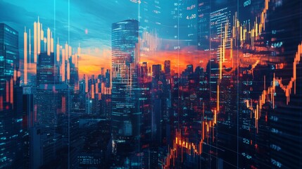 Fototapeta premium Financial Data Overlapping Cityscape with Skyscrapers at Sunset