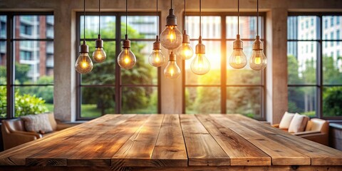 Fototapeta premium A rustic wooden table with hanging light bulbs in a modern living room setting, inviting a cozy atmosphere.