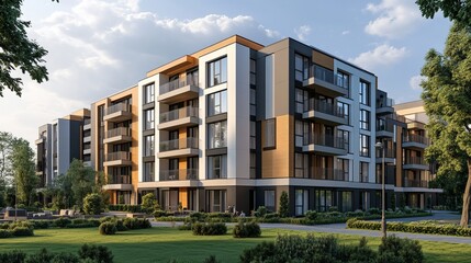 Contemporary apartment building in a green space. apartment building with flat buildings on the outside. elegant residential complex. Condo architecture, a portion of city real estate. 