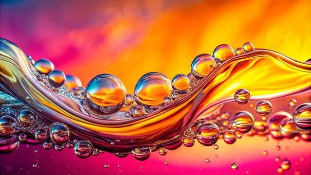 A vibrant abstract oil and water emulsion featuring spherical bubbles and swirling colors, creating a mesmerizing visual experience.