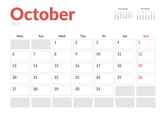 Monthly page Calendar Planner Template of October 2025. Vector layout of calendar with week start Monday for Scheduling. Page for size A4 or 21x29.7 cm