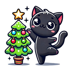 Fototapeta premium Cute black cat decorating Christmas tree with ornaments and star, adorable holiday illustration 