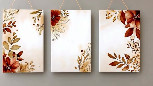Three canvases with watercolor floral designs hang on a wall