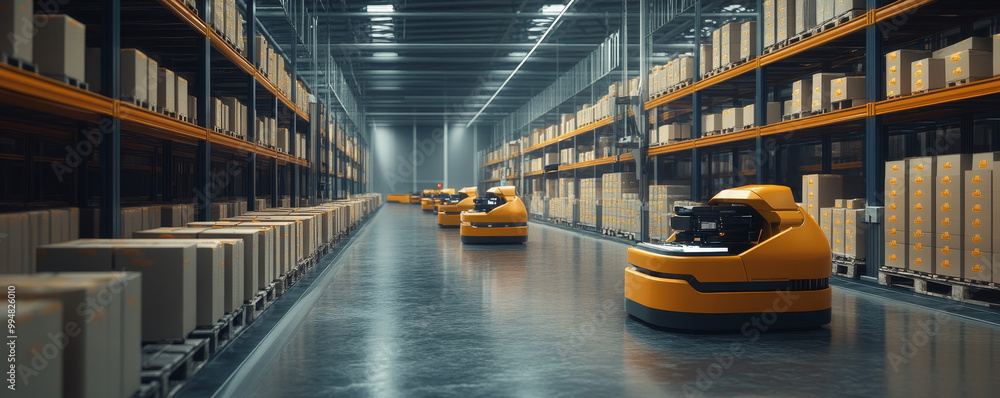 Poster futuristic industrial warehouse with robots organizing boxes, showcasing advanced automation and eff