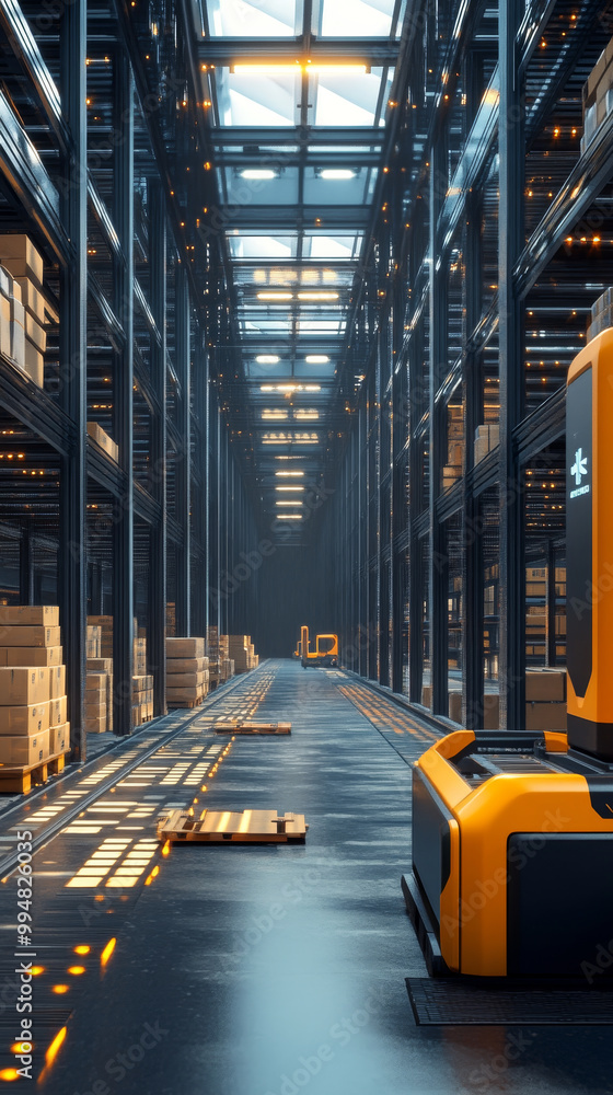 Poster a futuristic warehouse features automated robots efficiently sorting packages in spacious, well lit 