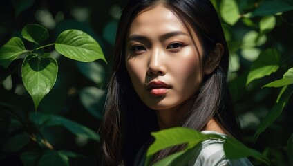 Fototapeta premium Person partially obscured by green leaves in a nature-inspired portrait