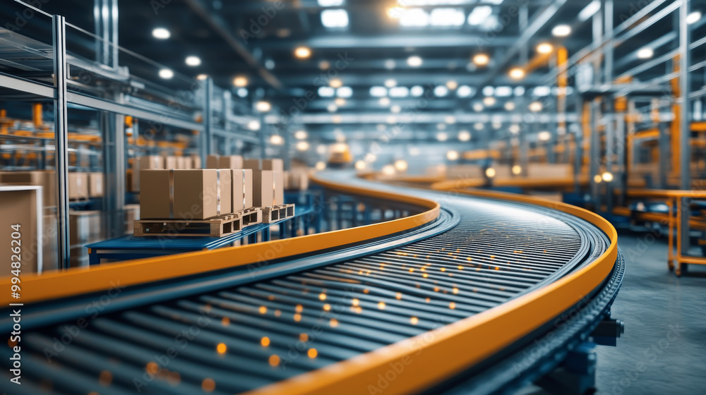 Poster a modern industrial factory floor featuring curved conveyor belt transporting boxes on pallets. scen