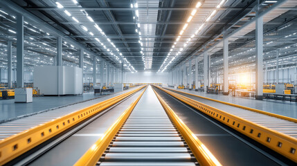 Obraz premium A modern industrial factory floor featuring conveyor belts and bright lighting creates an efficient workspace. expansive area showcases clean and organized environment, ideal for production