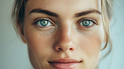 Fototapeta premium Close-up Portrait of Woman with Blue Eyes and Freckles, Natural Beauty, Bright Eyes, Young Woman