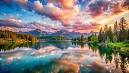 Fototapeta premium A serene mountain lake at sunset, with vibrant clouds reflecting in the still waters, casting a colorful glow on the surrounding forest