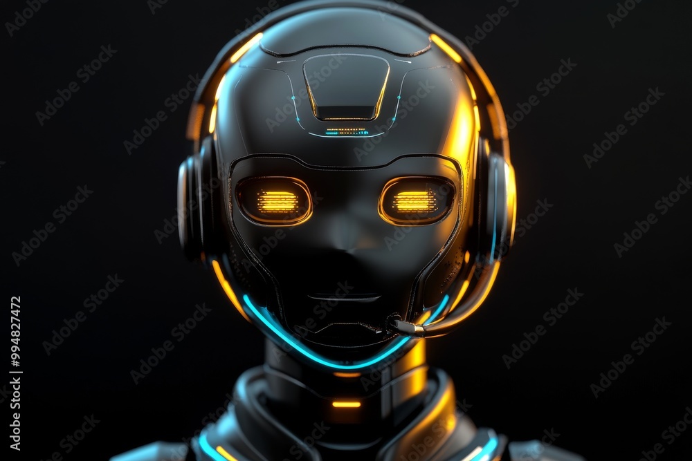 Poster futuristic robot head with glowing yellow eyes and headphones in a sleek black background symbolizin
