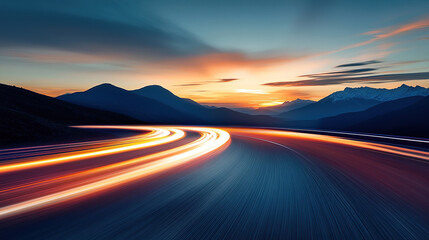 High-speed road with motion blur, beautiful sunset, and mountains in the background