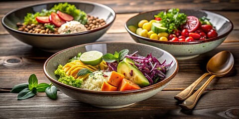 A vibrant and colorful salad bowl filled with fresh mango, red cabbage, lime, avocado, and sweet potato, a delicious and healthy meal option.