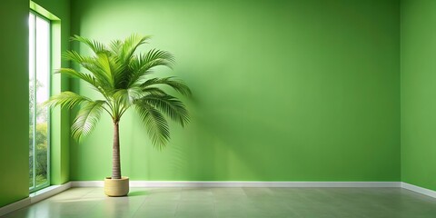Fototapeta premium Minimalist Interior Design Featuring a Lush Palm Tree in a Corner with a Bright Green Wall and a Window