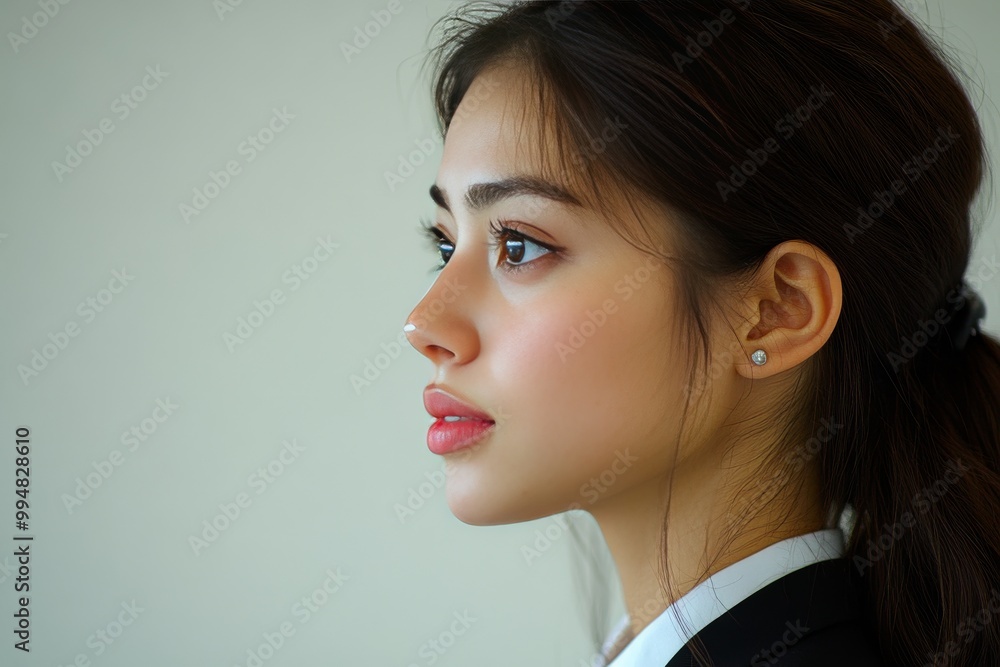 Poster side profile of a woman in a minimalist setting bathed in soft light and wearing glowing red headpho