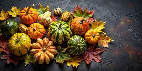 A Collection of Autumn Gourds and Fall Foliage on a Dark Background