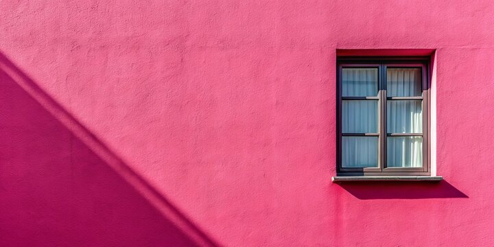 A single window on a vibrant pink wall, with a diagonal shadow casting across the surface.
