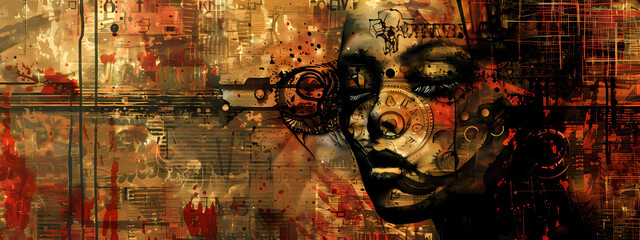 An artistic portrayal of a woman's face intertwined with abstract elements and clock motifs in warm, earthy tones.