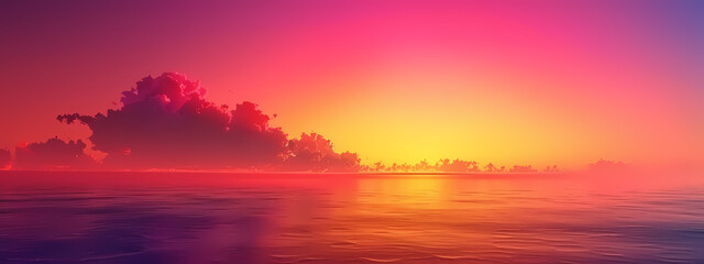 A breathtaking sunset over a tranquil ocean, with vibrant pink and purple hues reflecting on the water's surface, creating a serene atmosphere.